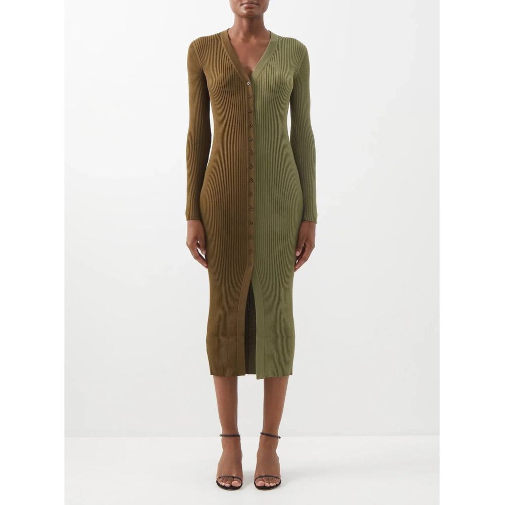 Staud Olive Green Ribbed Knit Maxi Dress Women Button Front S - G010